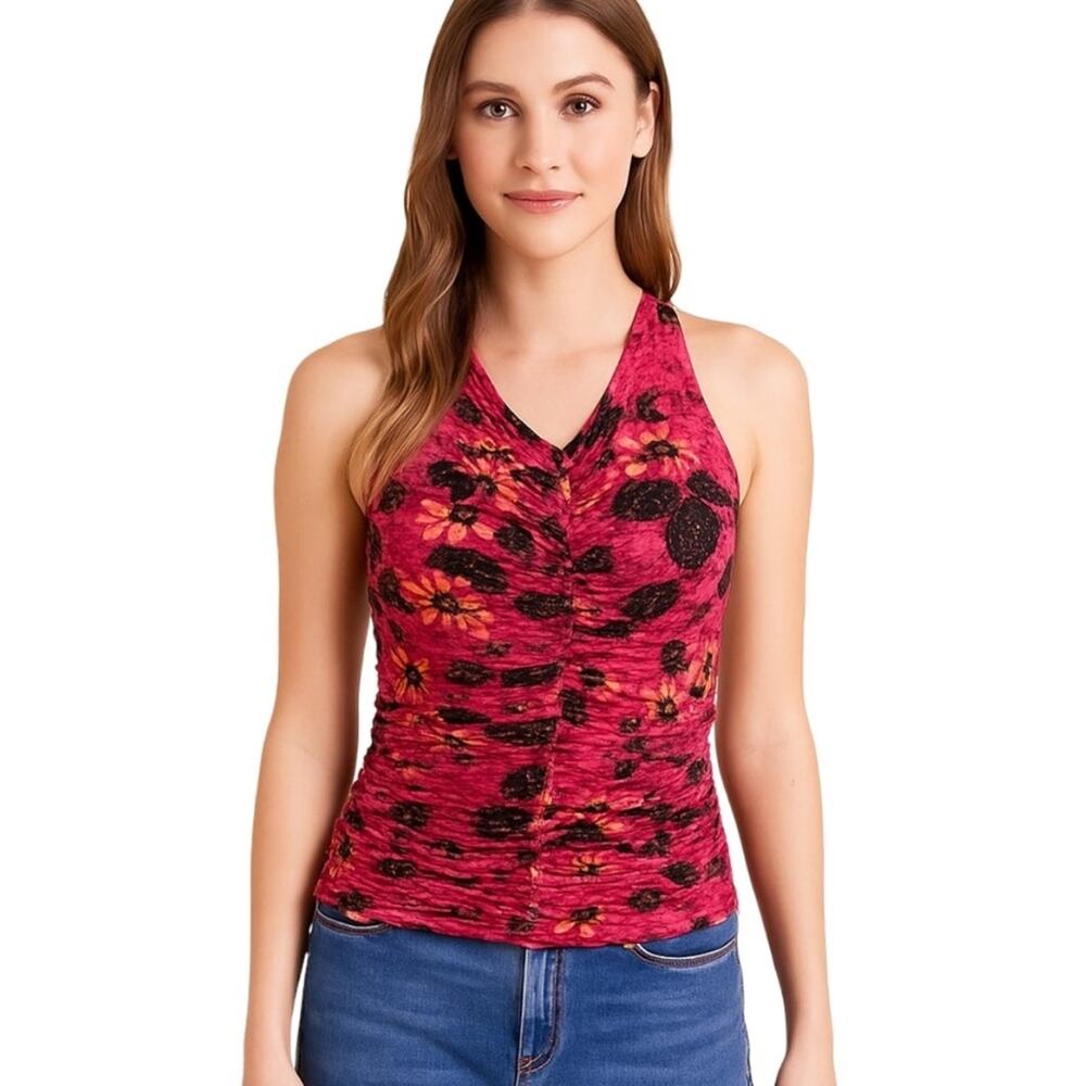 Evereve Novah Floral Mesh Ruched Tank